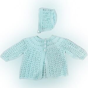 Vintage Mint Green Knit Baby Sweater and Hat Set.
